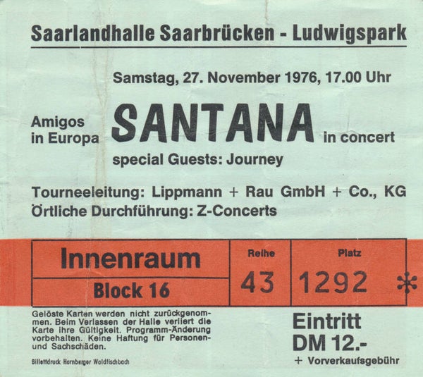 Santana - Journey - Saarlandhalle, Saarbrücken, November 27, 1976 [Germany] - Ticket Stub