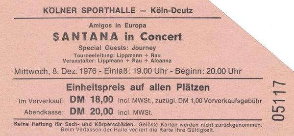 Santana - Journey - Sporthalle, Cologne-Deutz, December 8, 1976 [Germany] - Ticket Stub