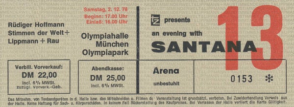 Santana - Olympiahalle, Munich, December 2, 1978 [Germany] - Ticket Stub