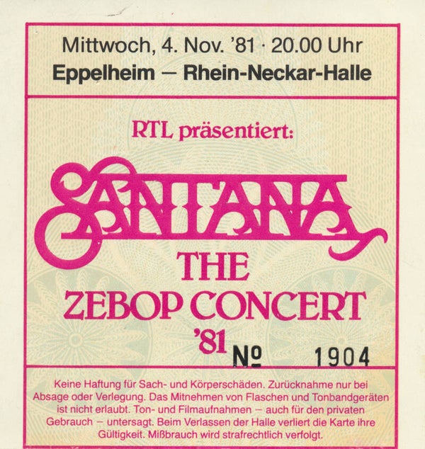 Santana - Rhein-Neckar-Halle, Eppelheim, November 4, 1981 [Germany] - Ticket Stub