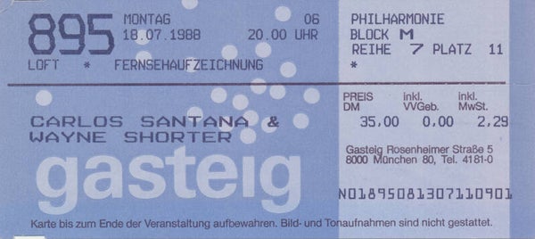 Santana - Gasteig, Munich, July 18, 1988 [Germany] - Ticket Stub