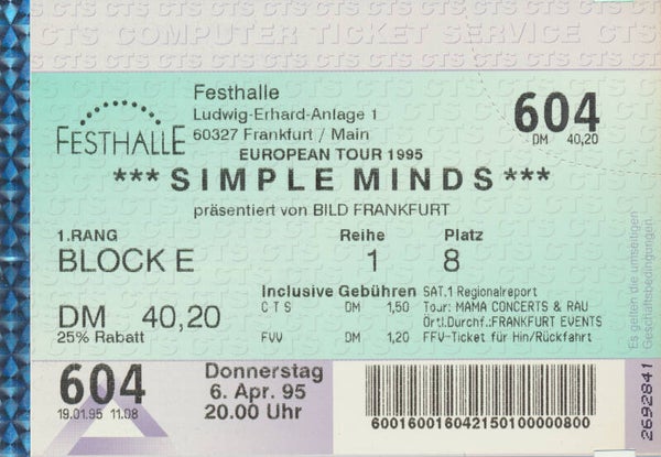 Simple Minds - Festhalle, Frankfurt, April 6, 1995 [Germany] - Ticket Stub