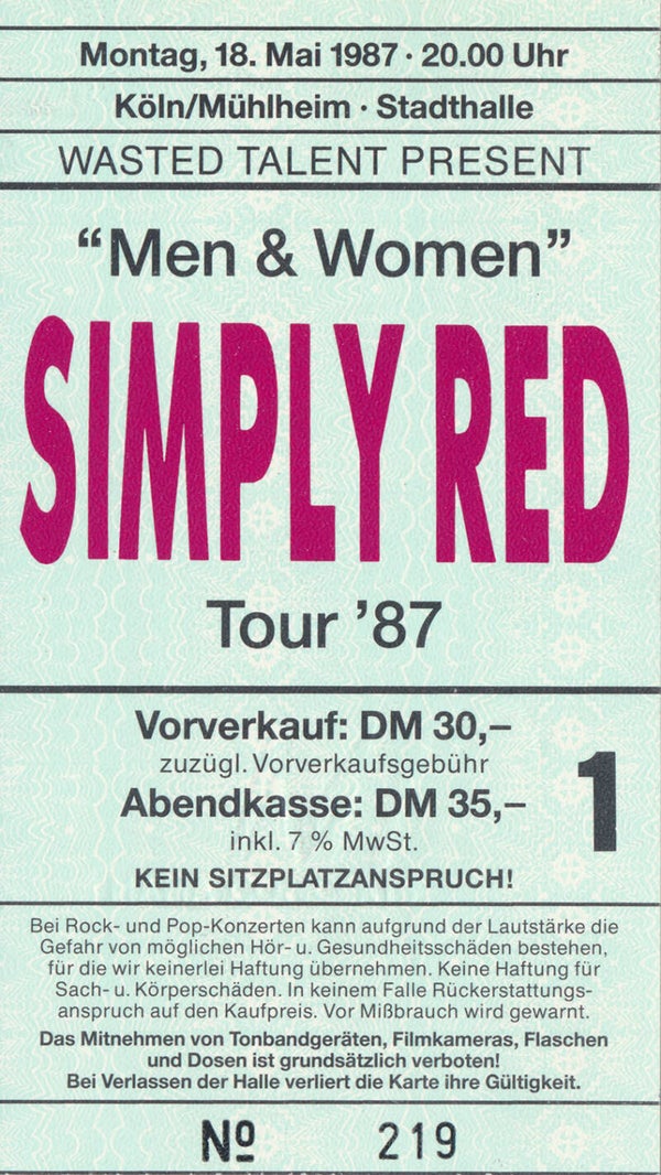 Simply Red - Stadthalle, Cologne/Mühlheim, May 18, 1987 [Germany] - Ticket Stub