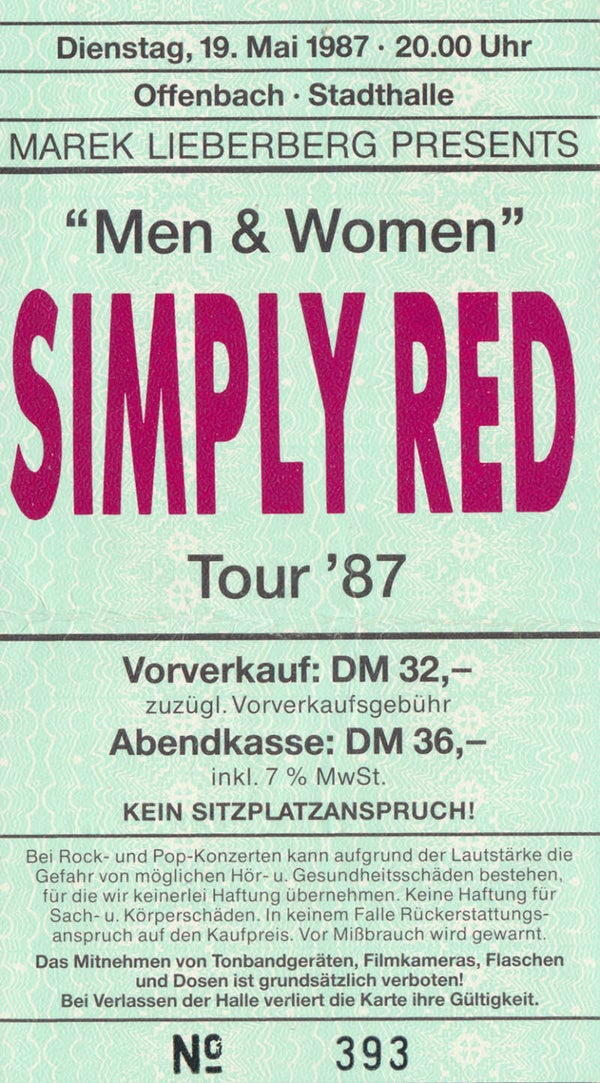 Simply Red - Stadthalle, Offenbach, May 19, 1987 [Germany] - Ticket Stub