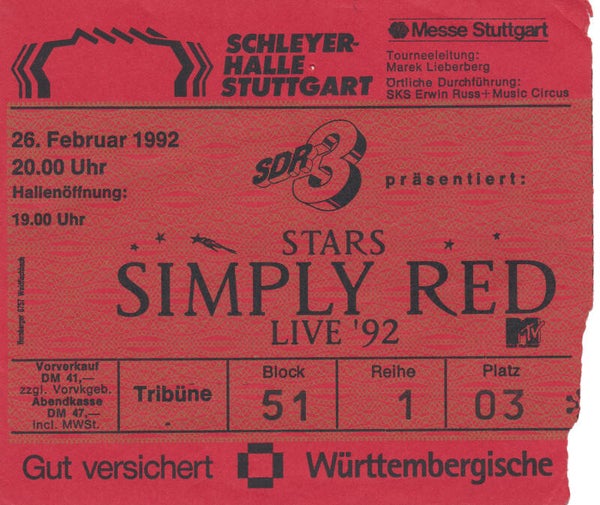 Simply Red - Schleyerhalle, Stuttgart, February 26, 1992 [Germany] - Ticket Stub