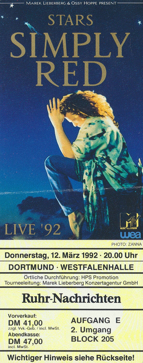 Simply Red - Westfalenhalle, Dortmund, March 12, 1992 [Germany] - Ticket Stub