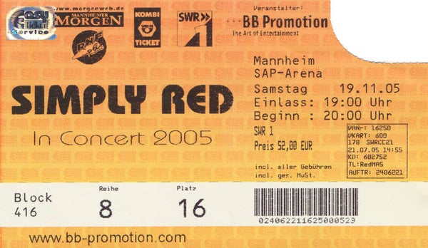 Simply Red - SAP-Arena, Mannheim, November 19, 2005 [Germany] - Ticket Stub