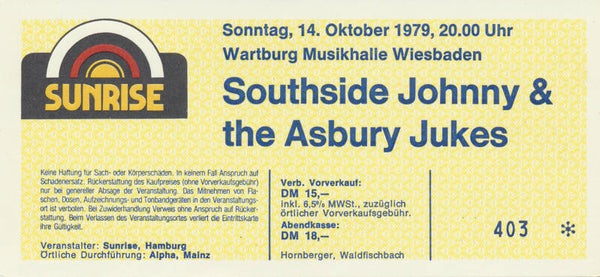 Southside Johnny & The Asbury Dukes - Wartburg Music Hall, Wiesbaden, October 14, 1979 [Germany] - Ticket Stub