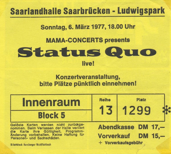 Status Quo - Saarlandhalle, Saarbrücken, March 6, 1977 [Germany] - Ticket Stub