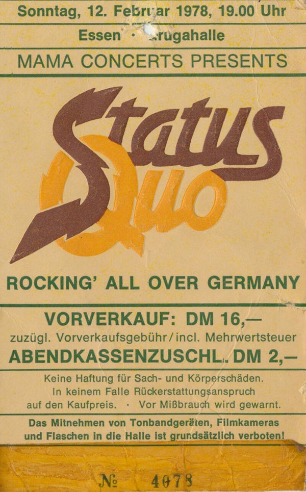 Status Quo - Grugahalle, Essen, February 12, 1978 [Germany] - Ticket Stub