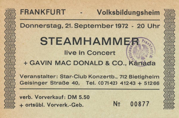 Steamhammer - Volksbildungsheim, Frankfurt, September 21, 1972 [Germany] - Ticket Stub