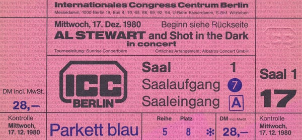 Al Stewart - Internationales Congress Centrum, Berlin, December 17, 1980 [Germany] - Ticket Stub
