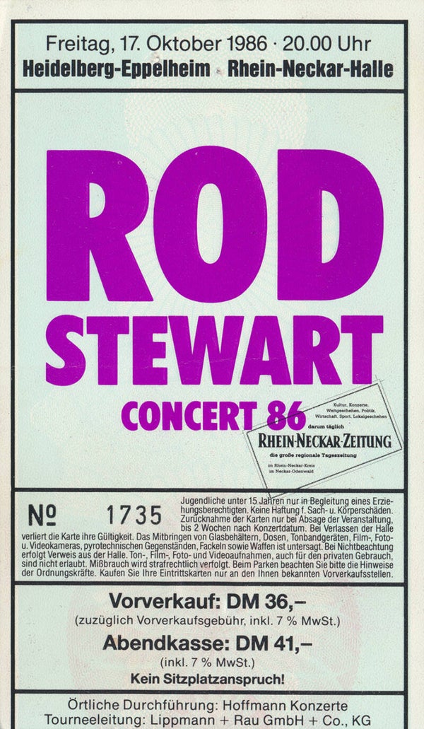 Rod Stewart - Rhein-Neckar-Halle, Heidelberg-Eppelheim, October 17, 1986 [Germany] - Ticket Stub
