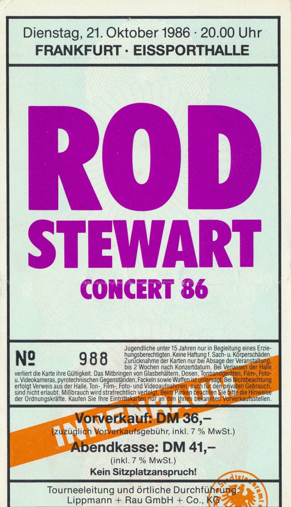 Rod Stewart - Eissporthalle, Frankfurt, October 21, 1986 [Germany] - Ticket Stub