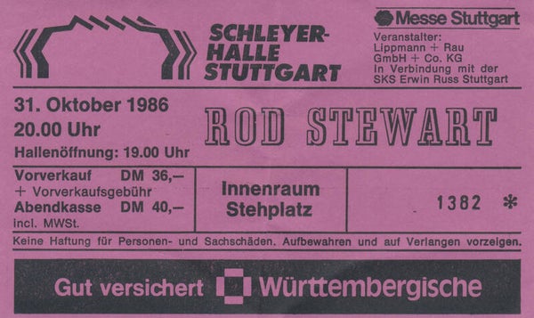 Rod Stewart - Schleyerhalle, Stuttgart, October 31, 1986 [Germany] - Ticket Stub