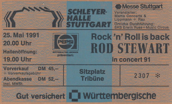 Rod Stewart - Schleyerhalle, Stuttgart, May 25, 1991 [Germany] - Ticket Stub