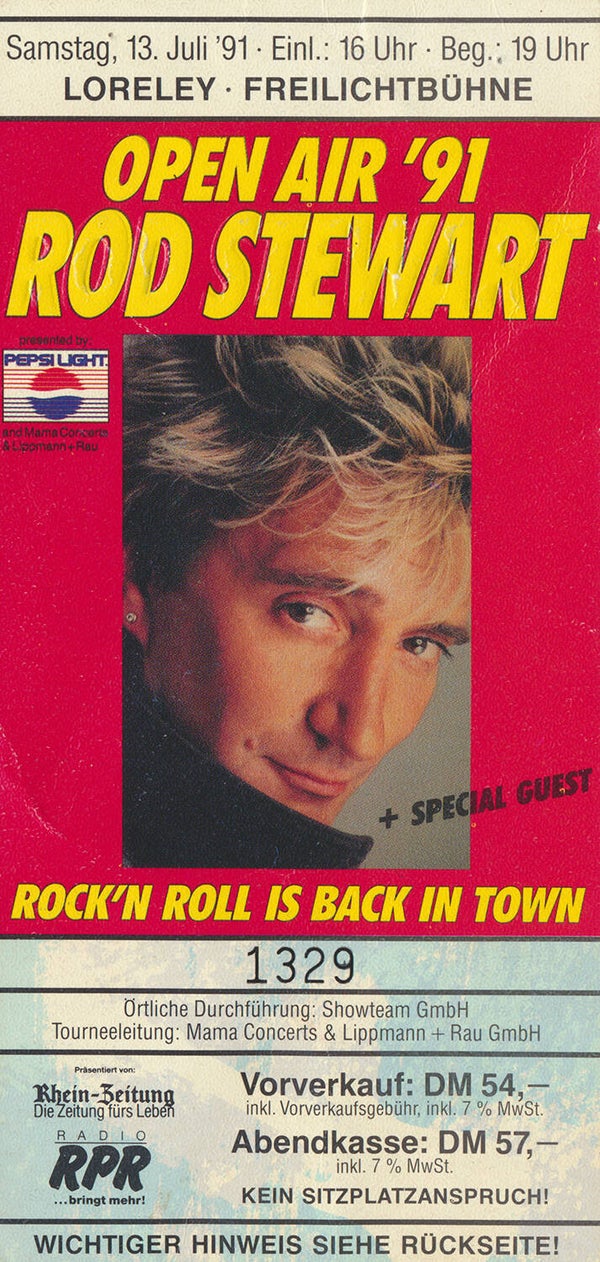 Rod Stewart - Freilichtbühne, Loreley, July 13, 1991 [Germany] - Ticket Stub