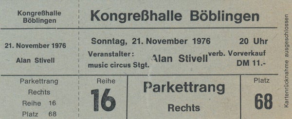 Alan Stivell - Kongresshalle, Böblingen, November 21, 1976 [Germany] - Ticket Stub