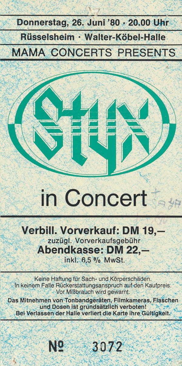 Styx - Saga - Walter-Köbel-Halle, Rüsselsheim, June 26, 1980 [Germany] - Ticket Stub