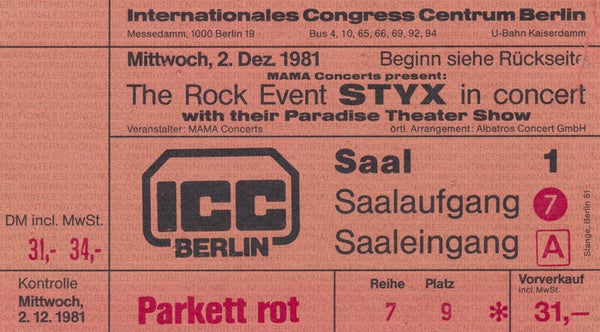Styx - Internationales Congress Centrum, Berlin, December 2, 1981 [Germany] - Ticket Stub