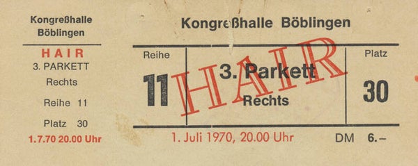 Donna Summer - Hair - Kongresshalle, Böblingen, July 1, 1970 [Germany] - Ticket Stub