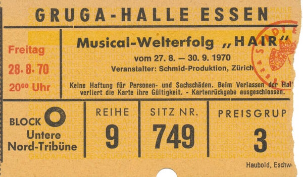 Donna Summer - Hair - Gruga-Halle, Essen, August 28, 1970 [Germany] - Ticket Stub
