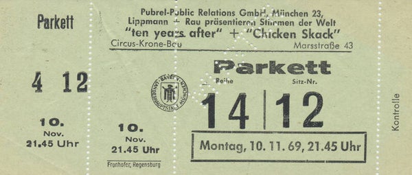Ten Years After - Chicken Shack - Messe- und Kongresshalle, Cologne, November 14, 1969 [Germany] - Ticket Stub