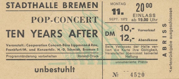 Ten Years After - Stadthalle, Bremen, September 11, 1972 [Germany] - Ticket Stub
