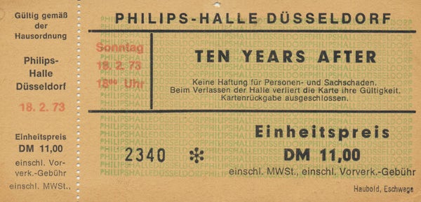 Ten Years After - Robin Trower - Philips-Halle, Düsseldorf, February 18, 1973 [Germany] - Ticket Stub