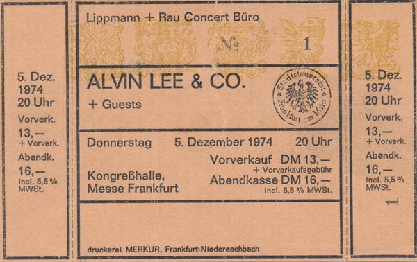 Ten Years After - Alvin Lee - Kongresshalle, Frankfurt, December 5, 1974 [Germany] - Ticket Stub
