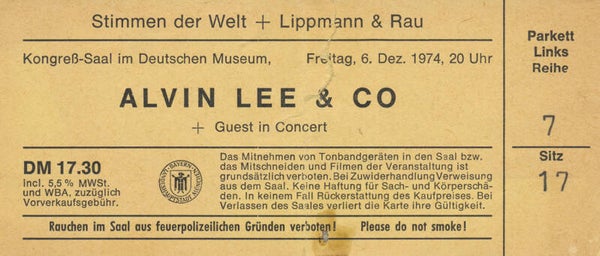 Ten Years After - Alvin Lee - Kongress-Saal im Deutschen Museum, Munich, December 6, 1974 [Germany] - Ticket Stub