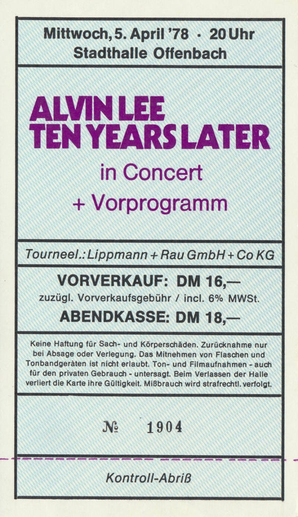 Ten Years After - Alvin Lee - Stadthalle, Offenbach, April 5, 1978 [Germany] - Ticket Stub