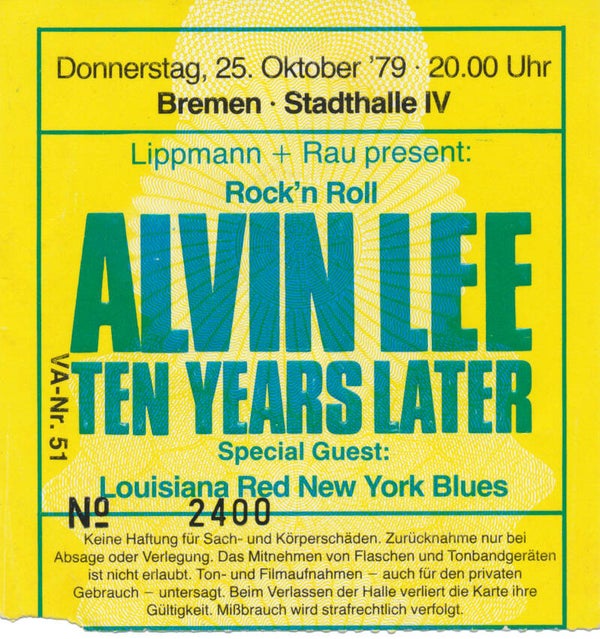 Ten Years After - Alvin Lee - Stadthalle IV, Bremen, October 25, 1979 [Germany] - Ticket Stub