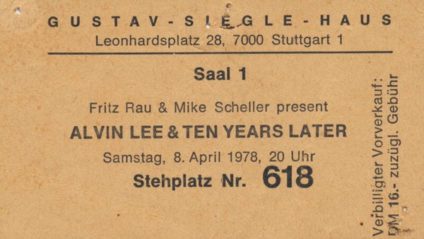 Ten Years After - Alvin Lee - Gustav-Siegle-Haus, Stuttgart, April 8, 1978 [Germany] - Ticket Stub