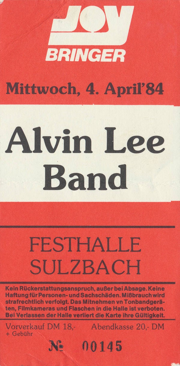 Ten Years After - Alvin Lee - Festhalle, Sulzbach, April 4, 1984 [Germany] - Ticket Stub