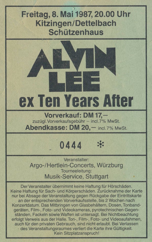 Ten Years After - Alvin Lee - Schützenhaus, Kitzingen-Dettelbach, May 8, 1987 [Germany] - Ticket Stub