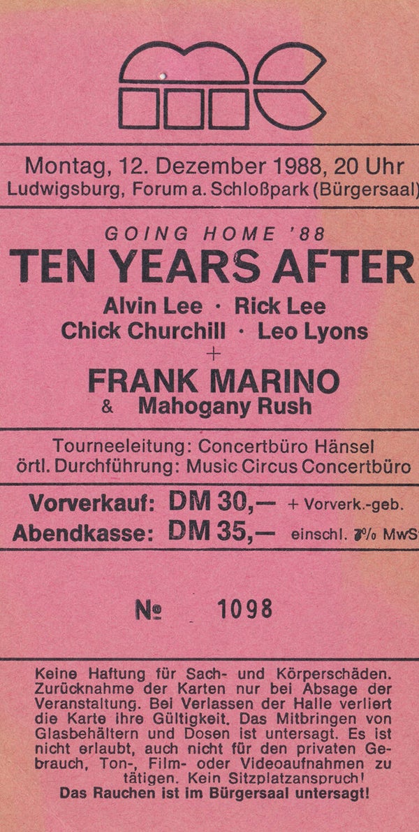 Ten Years After - Forum am Schlosspark, Ludwigsburg, December 12, 1988 [Germany] - Ticket Stub