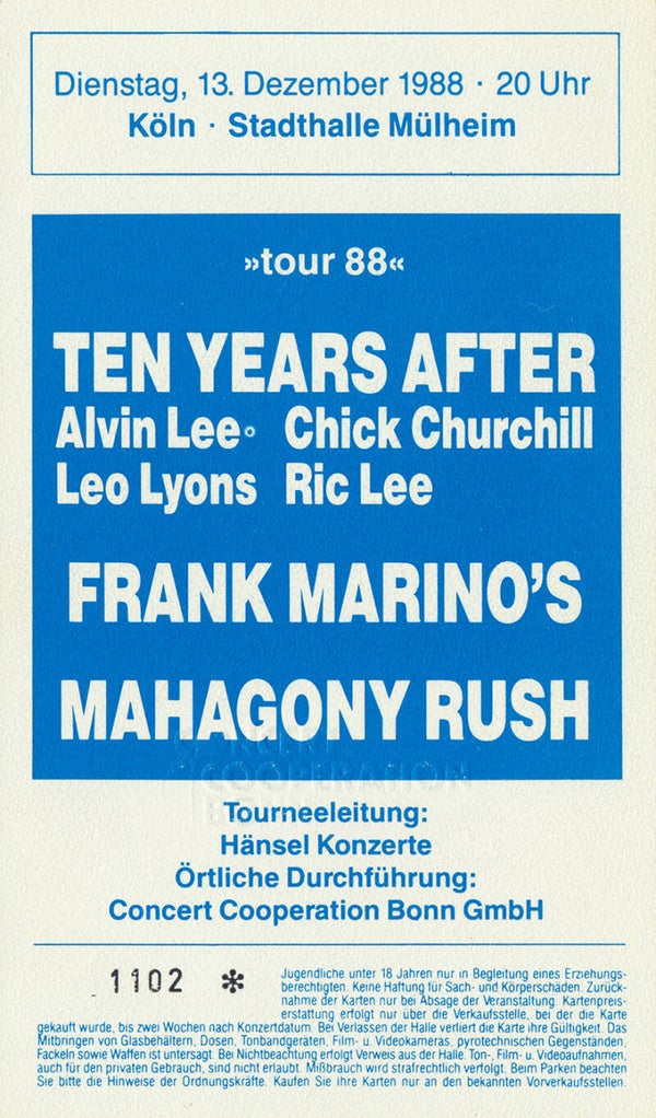 Ten Years After - Stadthalle Mülheim, Cologne, December 13, 1988 [Germany] - Ticket Stub