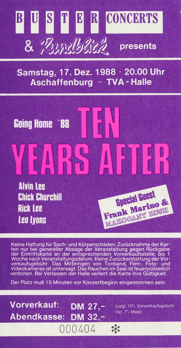 Ten Years After - TVA-Halle, Aschaffenburg, December 17, 1988 [Germany] - Ticket Stub