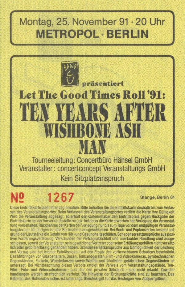 Ten Years After - Wishbone Ash - Man - Metropol, Berlin, November 25, 1991 [Germany] - Ticket Stub