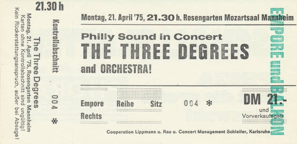 The Three Degrees - Rosengarten Mozartsaal, Mannheim, April 21, 1975 [Germany] - Ticket Stub