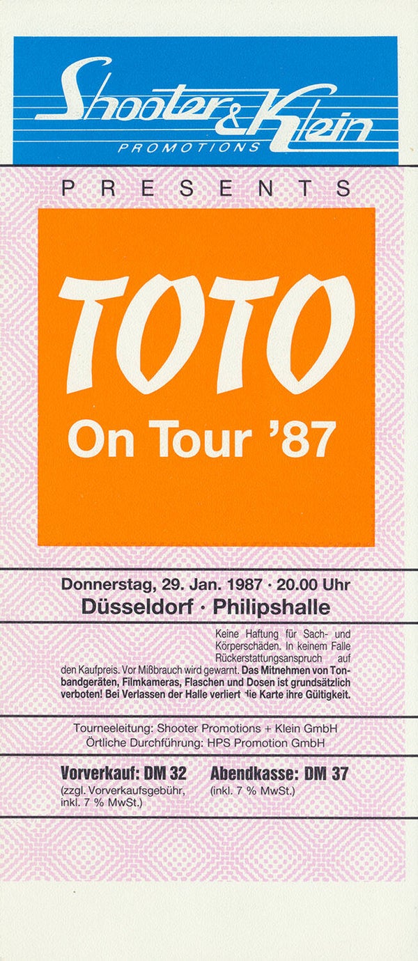 Toto - Philipshalle, Düsseldorf, January 29, 1987 [Germany] - Ticket Stub