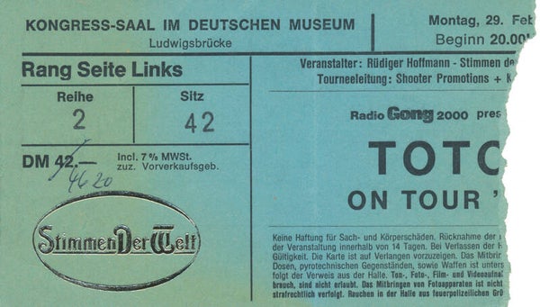 Toto - Kongress-Saal im Deutschen Museum, Munich, February 29, 1988 [Germany] - Ticket Stub