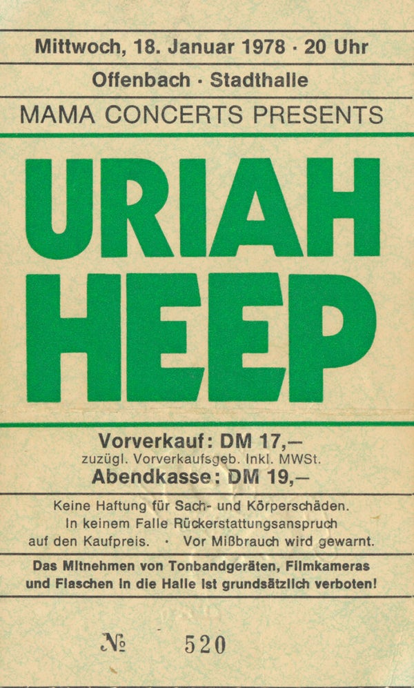 Uriah Heep - Stadthalle, Offenbach, January 18, 1978 [Germany] - Ticket Stub