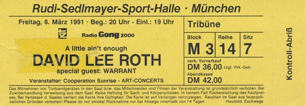 David Lee Roth - Rudi-Sedlmayer-Halle, Munich, March 8, 1991 [Germany] - Ticket Stub