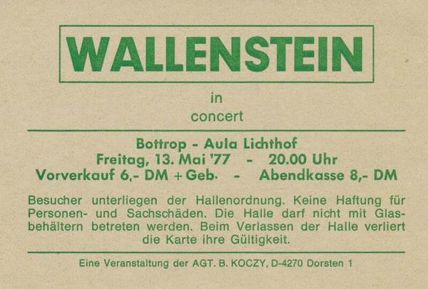 Wallenstein - Aula Lichthof, Bottrop, May 13, 1977 [Germany] - Ticket Stub