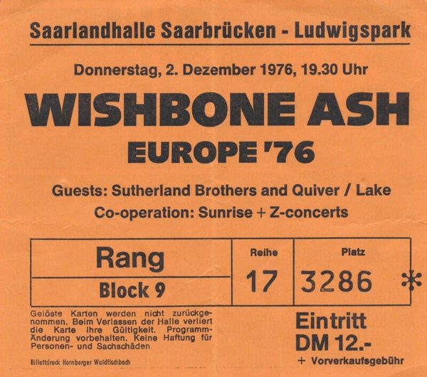 Wishbone Ash - Sutherland Brothers & Quiver - Lake - Saarlandhalle, Saarbrücken, December 2, 1976 [Germany] - Ticket Stub