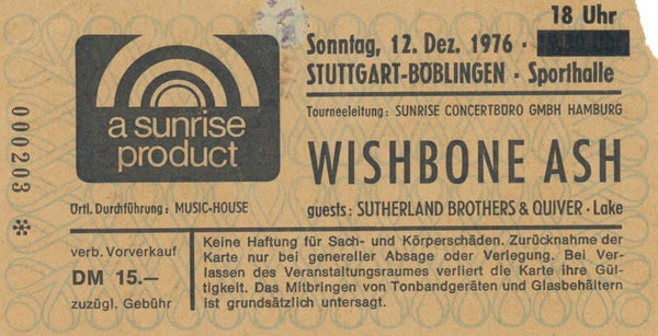 Wishbone Ash - Sporthalle, Böblingen, December 12, 1976 [Germany] - Ticket Stub