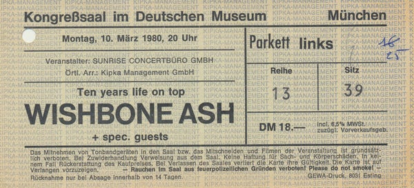 Wishbone Ash - Kongress-Saal im Deutschen Museum, Munich, March 10, 1980 [Germany] - Ticket Stub