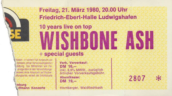 Wishbone Ash - Friedrich-Ebert-Halle, Ludwigshafen, March 21, 1980 [Germany] - Ticket Stub